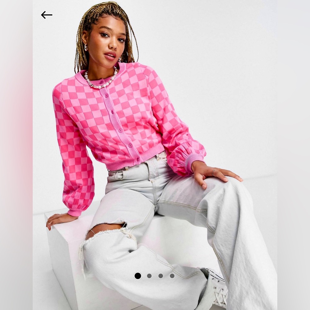 ASOS Daisy Street Boxy Cropped Cardigan in Pink Checkerboard Knit